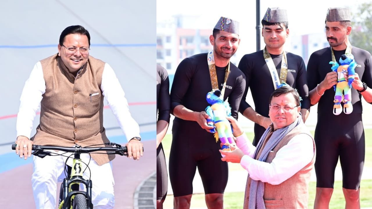 सीएम धामी का मनोरंजन अंदाज, ट्रैक पर की साईकिलिंग- पदक विजेताओं को किया सम्मानित
